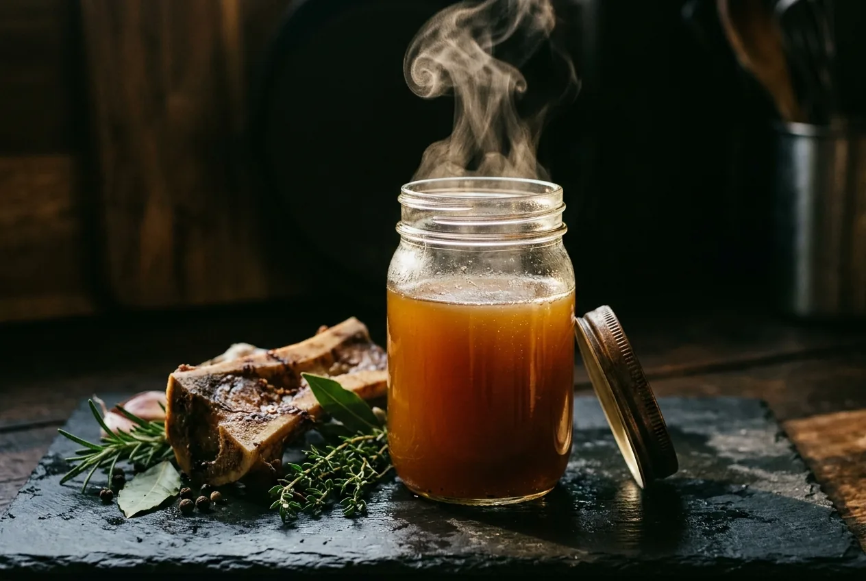 A jar of golden bone broth in warm light